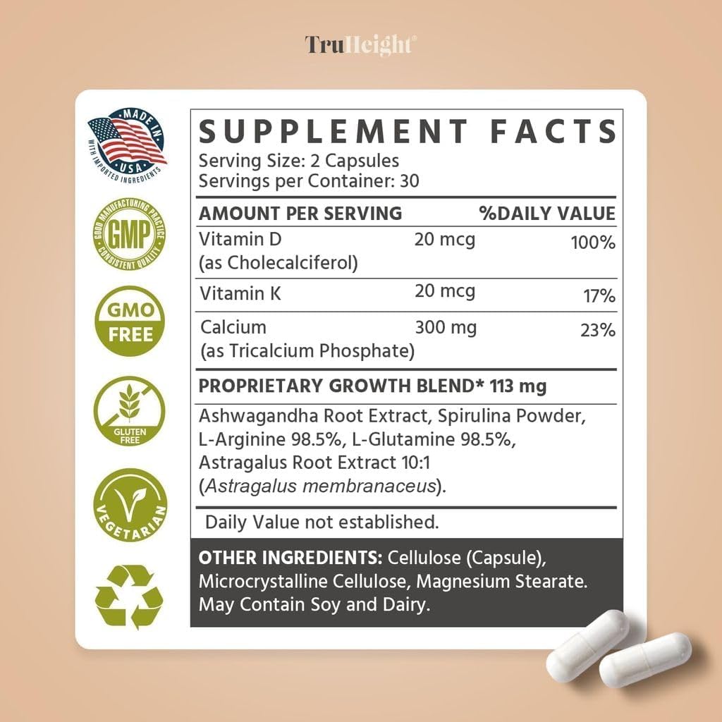 TruHeight Growth Capsules - Natural Growth & Development Supplement for Kids & Teens - Endorsed by Pediatricians - Vitamin D, K, Calcium & Ashwaganda - Bone Strength Capsules - Kids Vitamins - Ages 5+