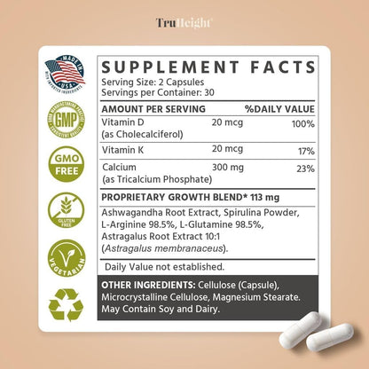 TruHeight Growth Capsules - Natural Growth & Development Supplement for Kids & Teens - Endorsed by Pediatricians - Vitamin D, K, Calcium & Ashwaganda - Bone Strength Capsules - Kids Vitamins - Ages 5+